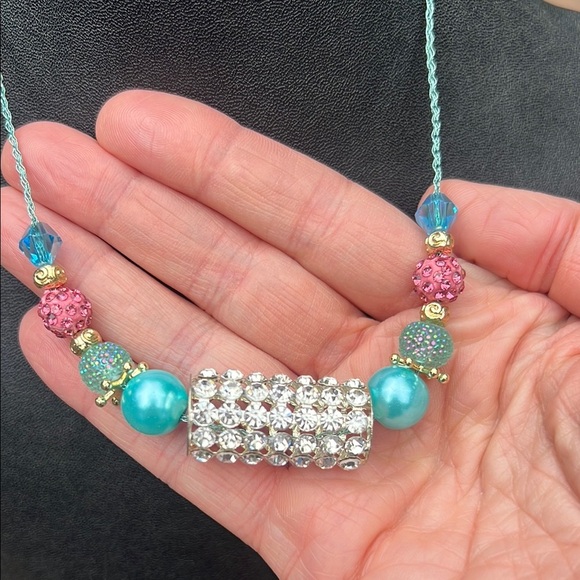 Unique Colorful Beaded Girls Kids Pink & Blue Necklace – Boho Glam Style - Picture 4 of 5
